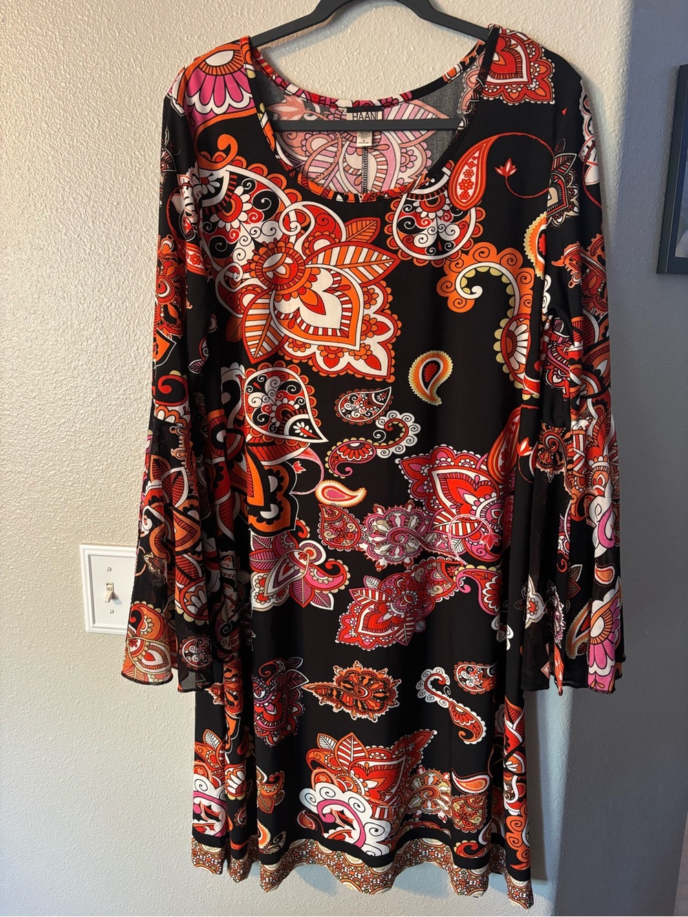 Haani Black Long Sleeve Dress with Orange, Red and Pink Paisley